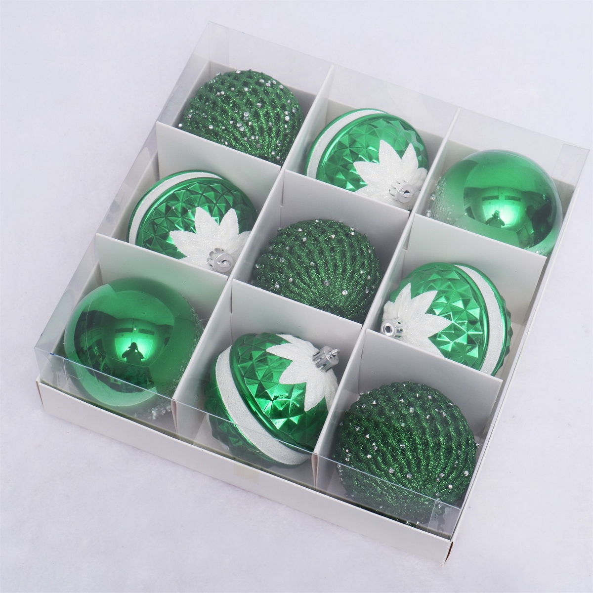 S/9 6Cm Green/White Shiny/Glitter Ball With Painting In Paper Box-GOON- Home Decoration, Christmas Decoration, Halloween Decor, Harvest Decor, Easter Decor, Thanksgiving Day Decor, Party Decor