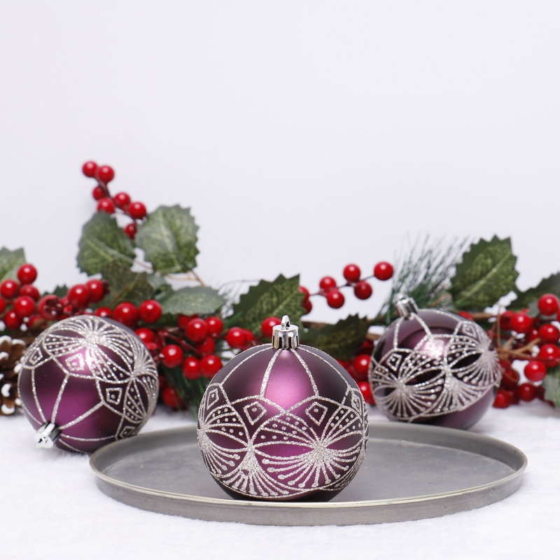 S/6 8Cm Purple Shiny/Matt Ball With Painting In Pvc Box-GOON- Home Decoration, Christmas Decoration, Halloween Decor, Harvest Decor, Easter Decor, Thanksgiving Day Decor, Party Decor