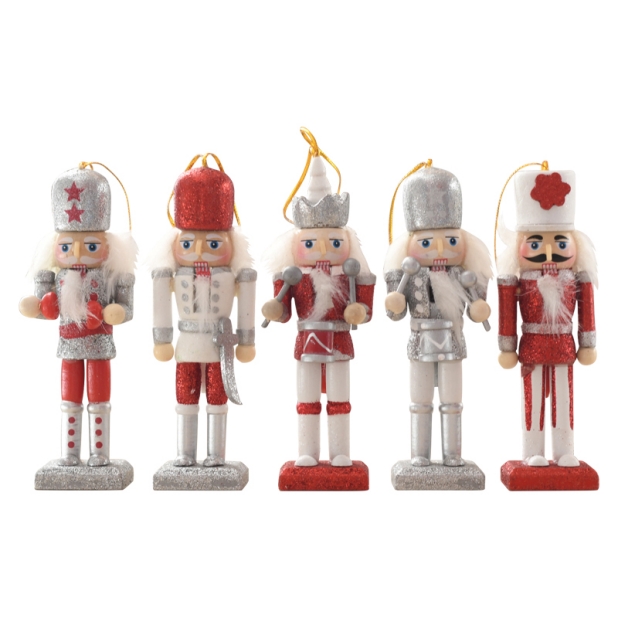 14CM Set of 5 Red and Silver Or Golden Color Wooden Nutcracker for Christmas Tree Ornaments-GOON- Christmas Decoration, Halloween Decor, Harvest Decor, Easter Decor, Thanksgiving Day Decor, Party Decor