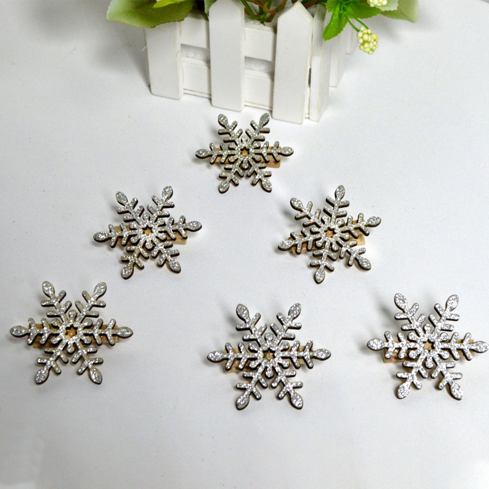 S/6 5Cm White Glitter Snowflake Design Custom Wooden Paper Clip-GOON- Home Decoration, Christmas Decoration, Halloween Decor, Harvest Decor, Easter Decor, Thanksgiving Day Decor, Party Decor