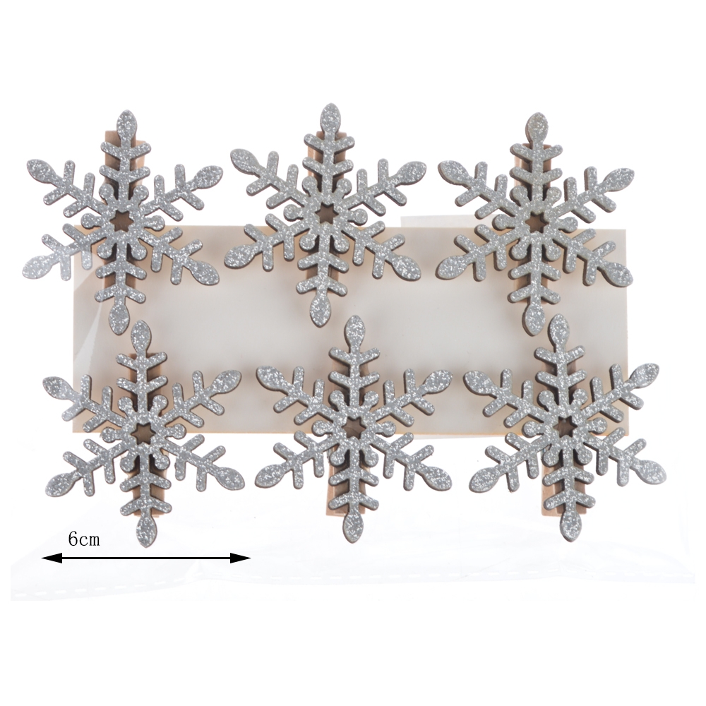 S/6 5Cm White Glitter Snowflake Design Custom Wooden Paper Clip-GOON- Home Decoration, Christmas Decoration, Halloween Decor, Harvest Decor, Easter Decor, Thanksgiving Day Decor, Party Decor