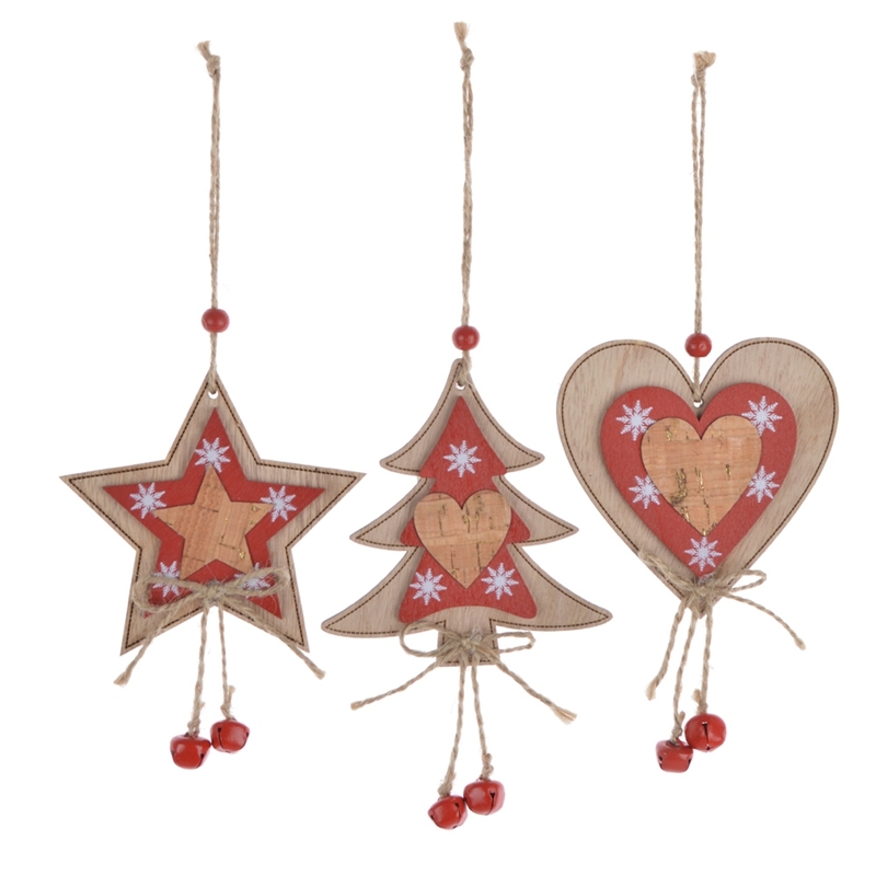 S/5 10Cm Red/Natural Wood Star/Heart/Angel/Tree/Reindeer Hanging Decoration-GOON- Home Decoration, Christmas Decoration, Halloween Decor, Harvest Decor, Easter Decor, Thanksgiving Day Decor, Party Decor