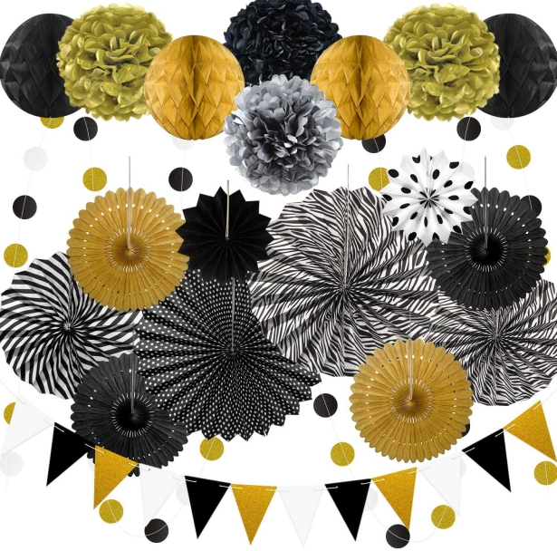 23PCS Black and Golden theme Hanging Paper Fans, Pom Poms Flowers, Garlands String Polka Dot and Bunting Flags-GOON- Christmas Decoration, Halloween Decor, Harvest Decor, Easter Decor, Thanksgiving Day Decor, Party Decor