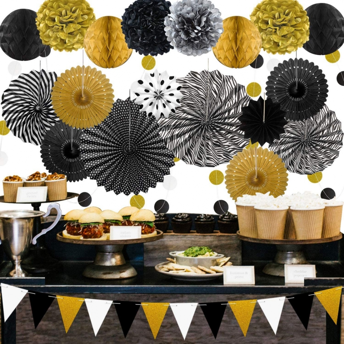 23PCS Black and Golden theme Hanging Paper Fans, Pom Poms Flowers, Garlands String Polka Dot and Bunting Flags-GOON- Christmas Decoration, Halloween Decor, Harvest Decor, Easter Decor, Thanksgiving Day Decor, Party Decor