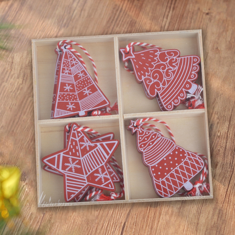 S/8 6Cm Red/White Wooden Star Tree Assornament-GOON- Home Decoration, Christmas Decoration, Halloween Decor, Harvest Decor, Easter Decor, Thanksgiving Day Decor, Party Decor