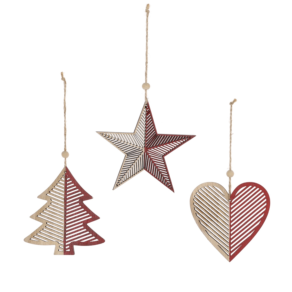 12Cm Red/White Wooden Heart Star Christmas Family Tree Pendant Hanging-GOON- Home Decoration, Christmas Decoration, Halloween Decor, Harvest Decor, Easter Decor, Thanksgiving Day Decor, Party Decor
