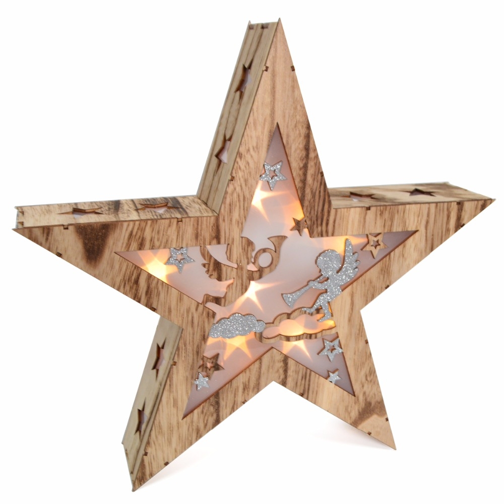 38*7.5Cm White/Natural Wooden Hallow Star With Decoration Led Light-GOON- Home Decoration, Christmas Decoration, Halloween Decor, Harvest Decor, Easter Decor, Thanksgiving Day Decor, Party Decor