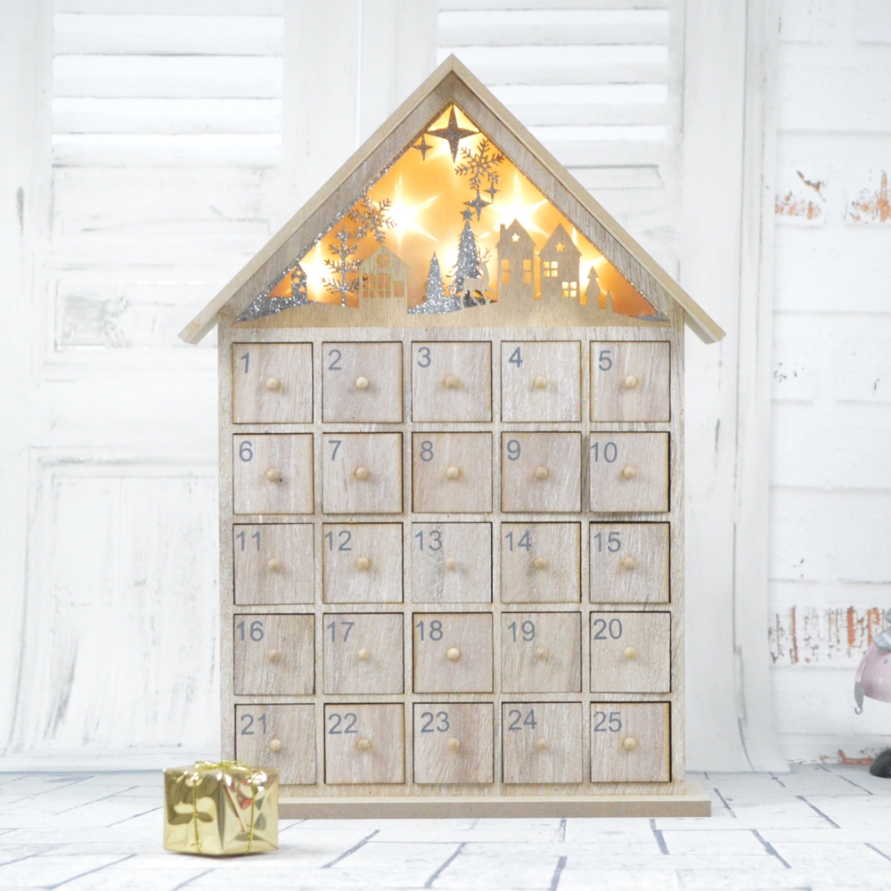 28*7.5*39Cm  Natural Color Wooden Christmas House Advent Calendar With 24 Drawer-GOON- Home Decoration, Christmas Decoration, Halloween Decor, Harvest Decor, Easter Decor, Thanksgiving Day Decor, Party Decor