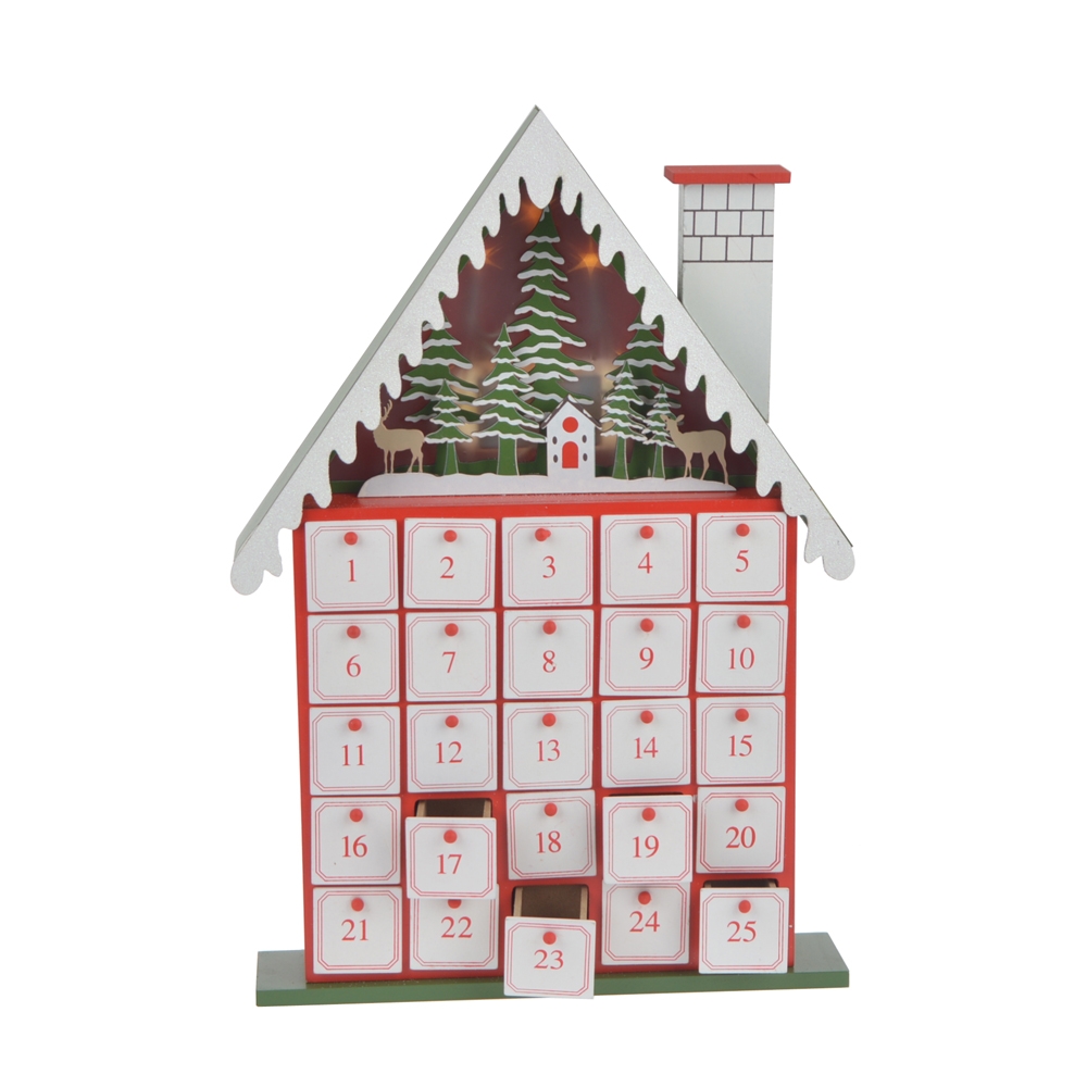 30*6*30.5Cm Red/White Wooden House Christmas Advent Calendar With Led Light-GOON- Home Decoration, Christmas Decoration, Halloween Decor, Harvest Decor, Easter Decor, Thanksgiving Day Decor, Party Decor
