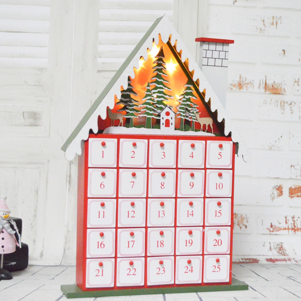 30*6*30.5Cm Red/White Wooden House Christmas Advent Calendar With Led Light-GOON- Home Decoration, Christmas Decoration, Halloween Decor, Harvest Decor, Easter Decor, Thanksgiving Day Decor, Party Decor