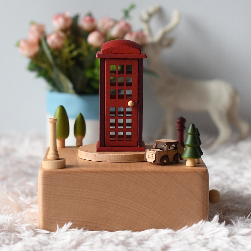 11x11x13.3CM British Red Telephone Wooden Music Box-GOON- Home Decoration, Christmas Decoration, Halloween Decor, Harvest Decor, Easter Decor, Thanksgiving Day Decor, Party Decor