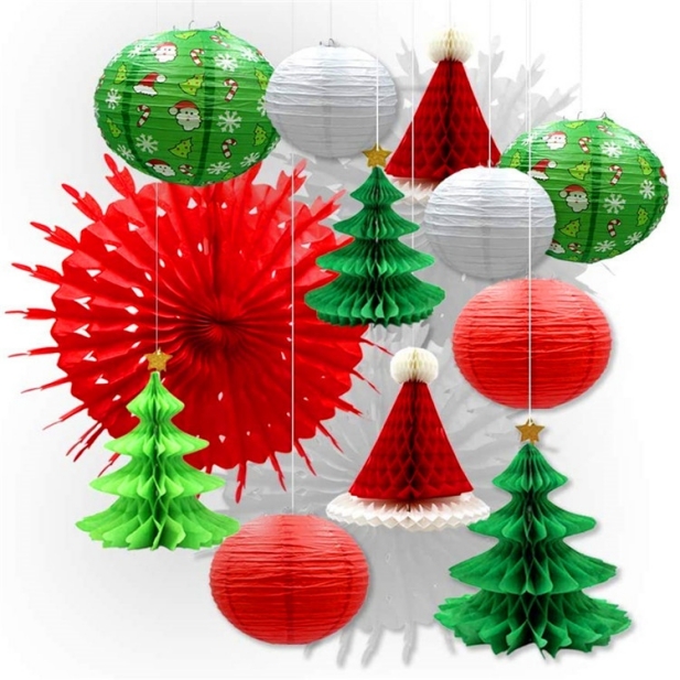 S/14 Red/Green/White Paper Christmas Tree/ Latern Party Home Hnaging Decoration Set-GOON- Home Decoration, Christmas Decoration, Halloween Decor, Harvest Decor, Easter Decor, Thanksgiving Day Decor, Party Decor