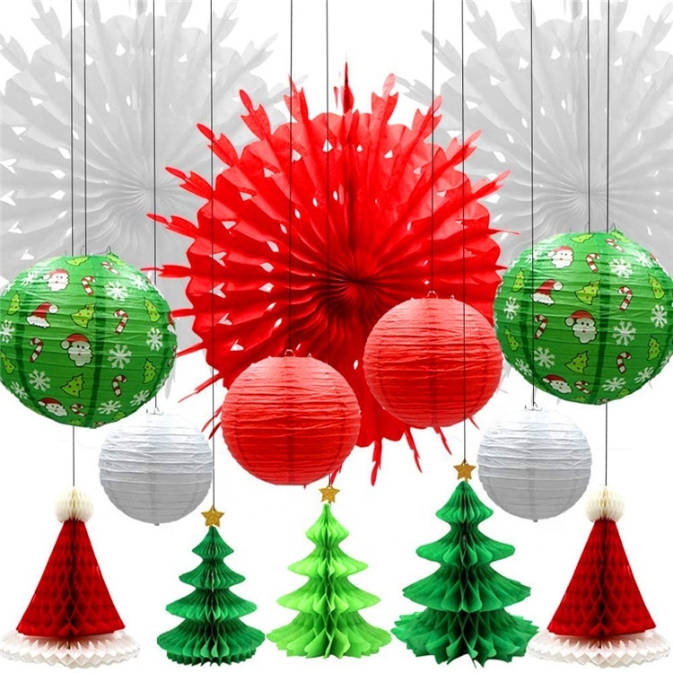 S/14 Red/Green/White Paper Christmas Tree/ Latern Party Home Hnaging Decoration Set-GOON- Home Decoration, Christmas Decoration, Halloween Decor, Harvest Decor, Easter Decor, Thanksgiving Day Decor, Party Decor