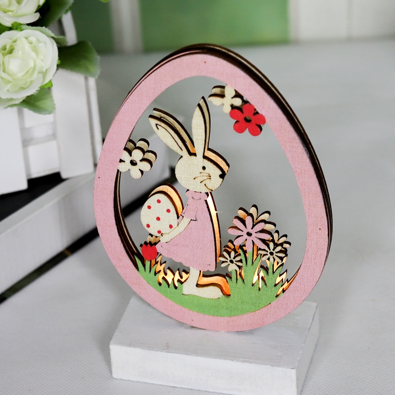 11*5*17Cm Pink/Green/Yellow Easter Led Wood Ornaments Egg Shape With Bunny Rabbit-GOON- Home Decoration, Christmas Decoration, Halloween Decor, Harvest Decor, Easter Decor, Thanksgiving Day Decor, Party Decor