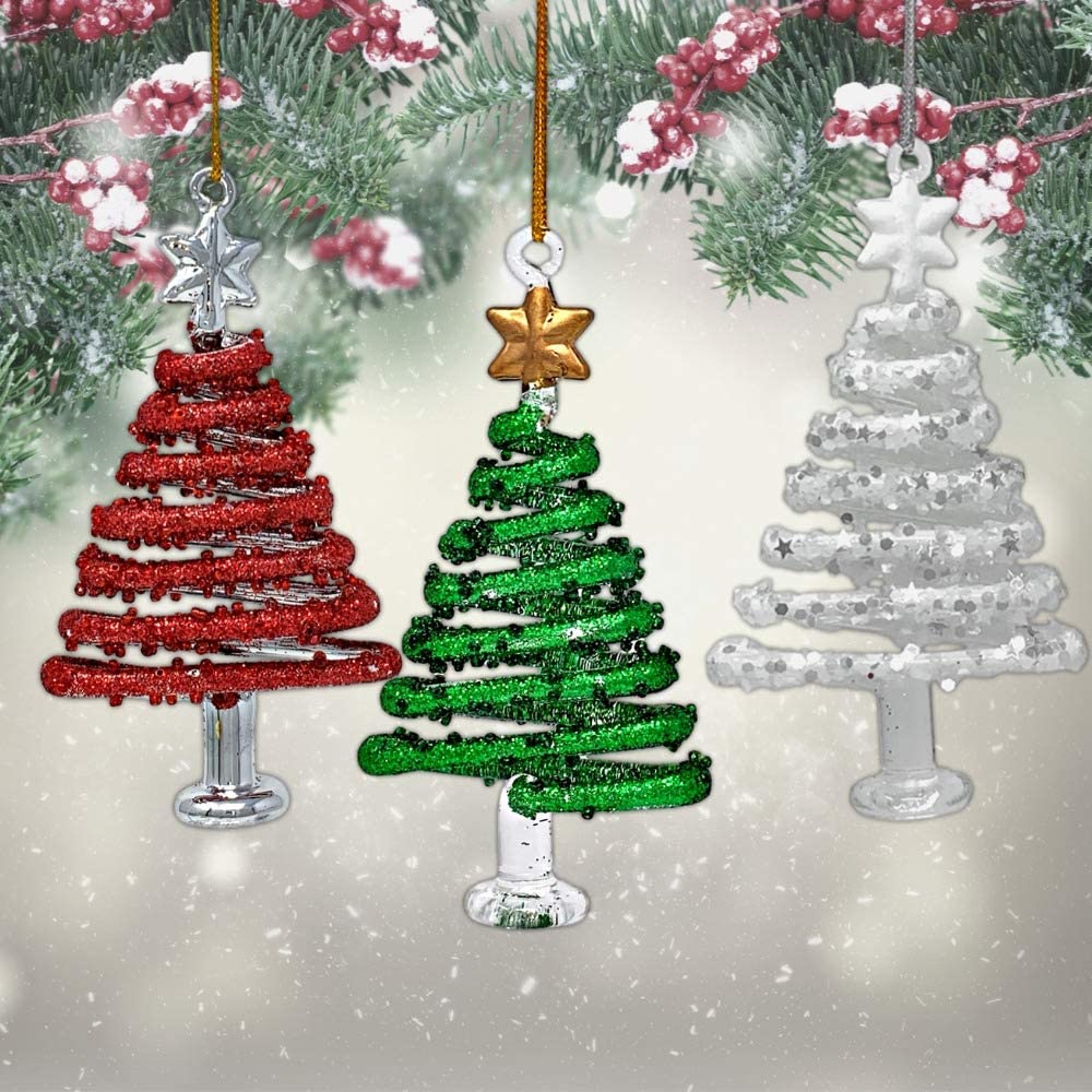 6.35*12.7CM Glittery Christmas Tree Glass Ornaments – Set of 3 Red, White and Gree-GOON- Home Decoration, Christmas Decoration, Halloween Decor, Harvest Decor, Easter Decor, Thanksgiving Day Decor, Party Decor