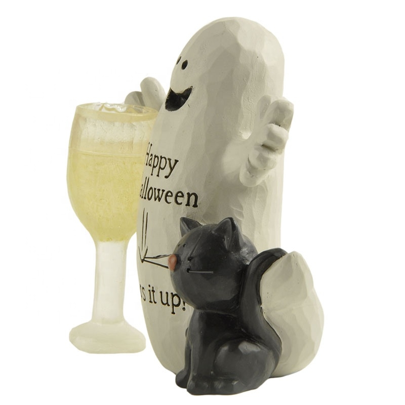 9CM BOO Ghost With Black Cat & Wine Glass Polyresin Decoration-GOON- Home Decoration, Christmas Decoration, Halloween Decor, Harvest Decor, Easter Decor, Thanksgiving Day Decor, Party Decor