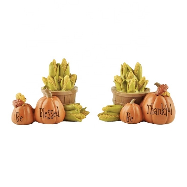 6.7CM Set Of 2 ‘Thanksful, Belssed’ Pumpkins With Corn Polyresin Decoration-GOON- Home Decoration, Christmas Decoration, Halloween Decor, Harvest Decor, Easter Decor, Thanksgiving Day Decor, Party Decor