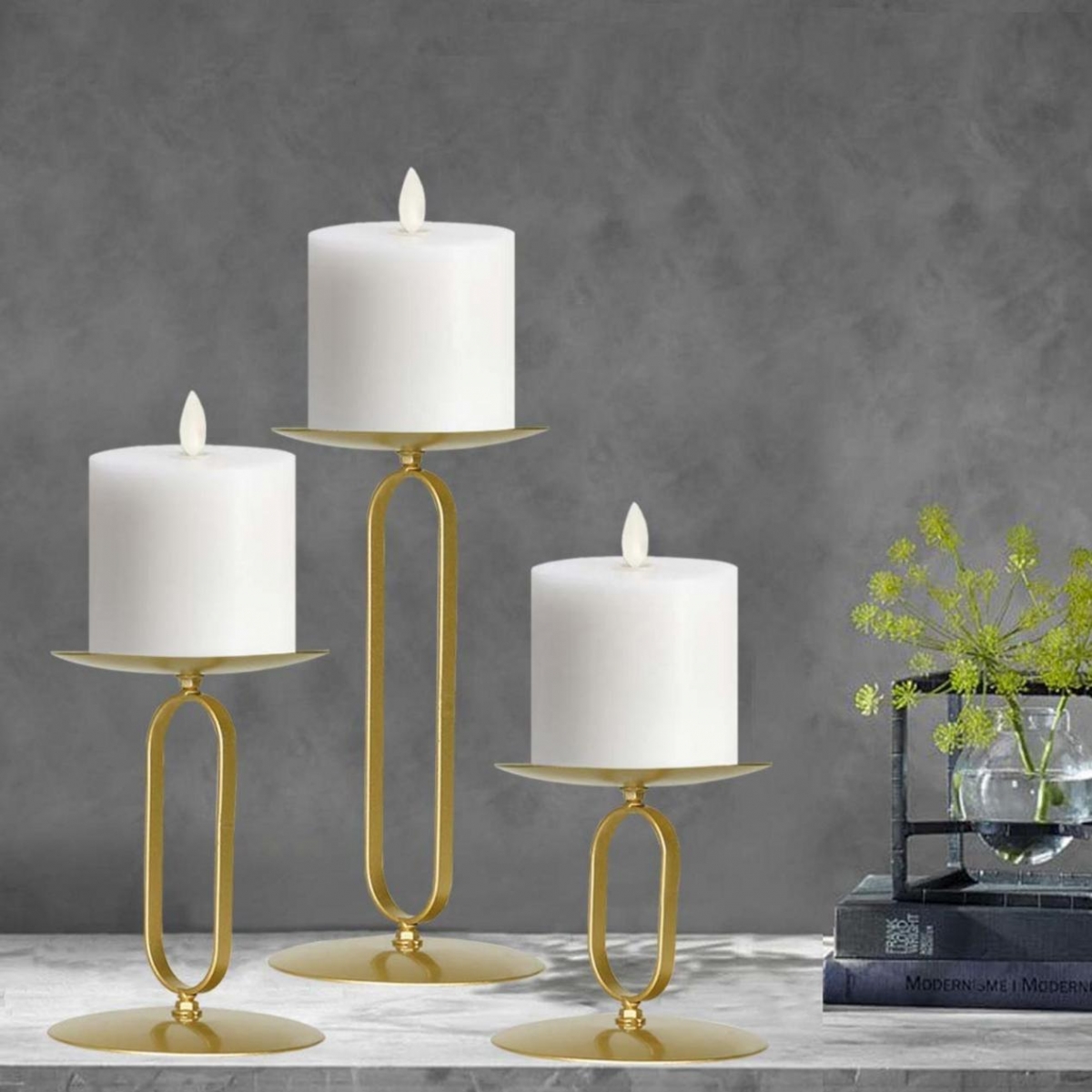 Set Of 3 Pillar Round Metal Gold Vintage Table Centerpiece Candle Stand Holder-GOON- Home Decoration, Christmas Decoration, Halloween Decor, Harvest Decor, Easter Decor, Thanksgiving Day Decor, Party Decor